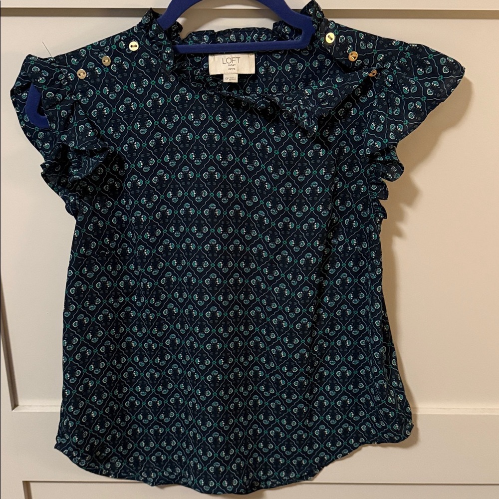 LOFT Navy Geometric Ruffle Sleeve Top